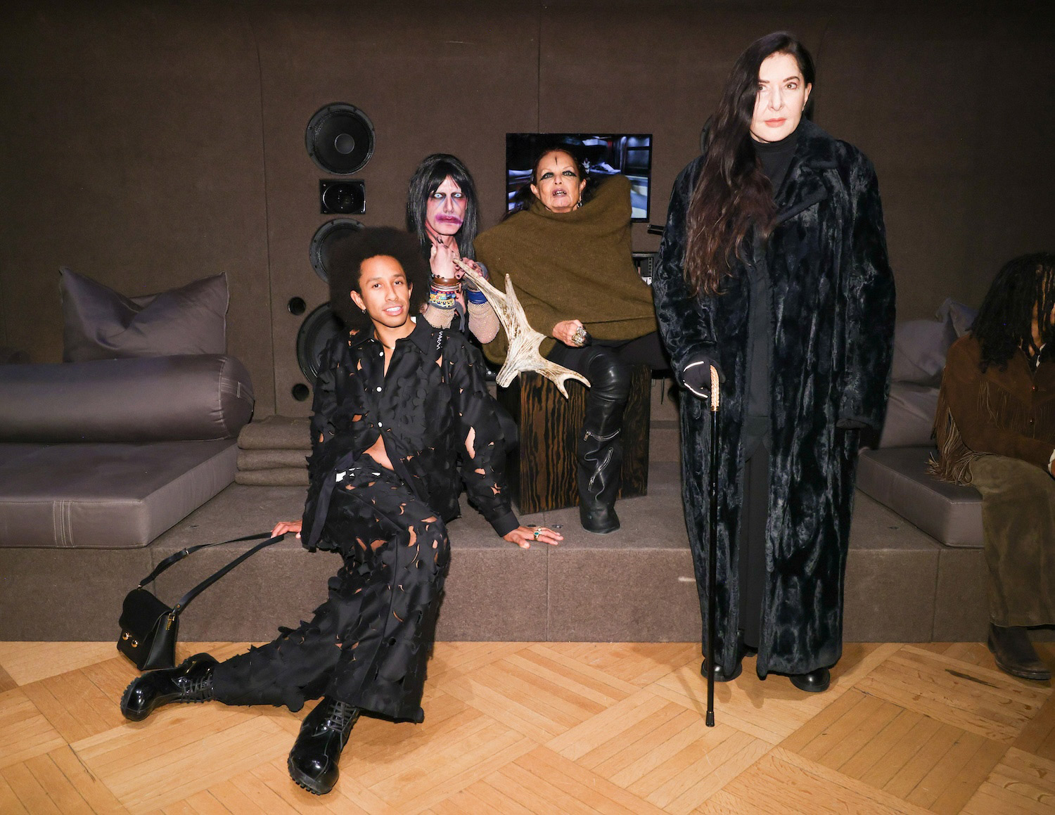 Miles Greenberg, Christeene, Michéle Lamy, and Marina Abramović inside “Tech Glade” by Rick Owens Furniture.