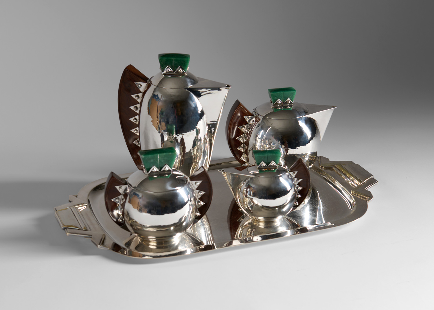 Bloch Eschwege Silversmith & Maurice Muller (1907-2003) Unique Fine Art Deco Coffee and Tea Set France, c. 1930.