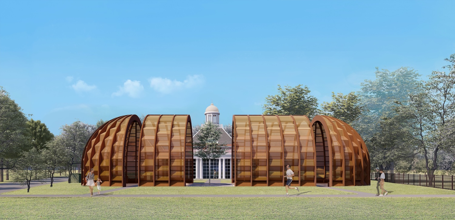 Rendering of “A Capsule in Time,” the 2025 Serpentine Pavilion by Marina Tabassum Architects.