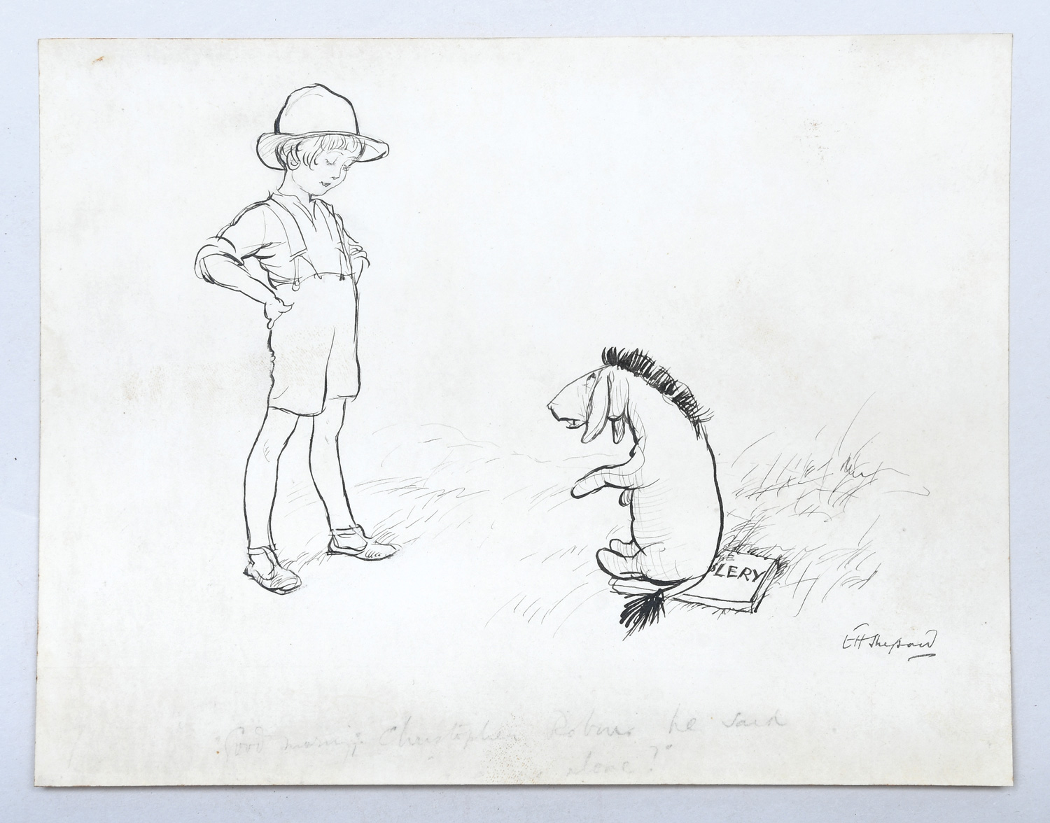 Original artwork by Ernest H. Shepard for The House at Pooh Corner “‘Good Morning, Christopher Robin,’ he said... ‘Are we alone?’”