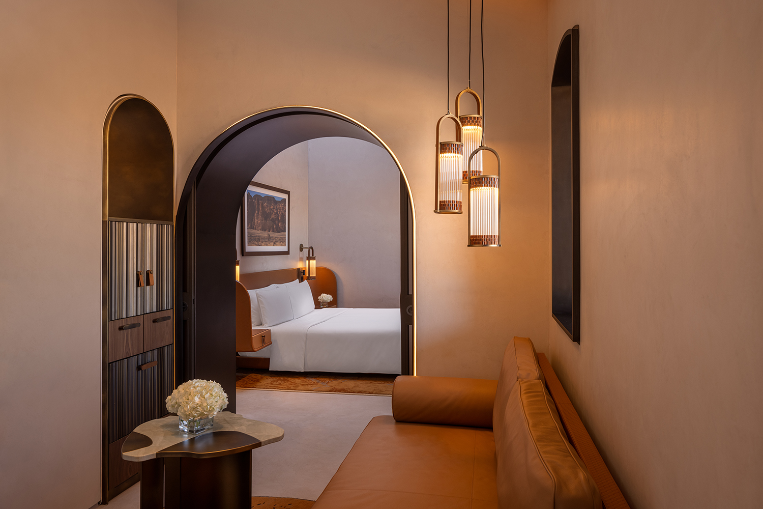 Guest suite at The Chedi Hegra, a new 35-key hotel in the UNESCO World Heritage site.