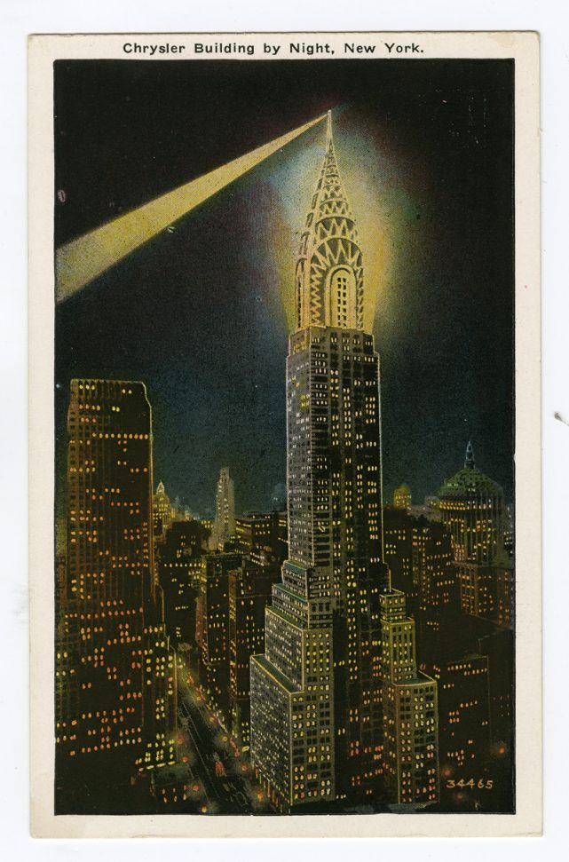 Chrysler Building by Night, published in New York City by Haberman’s, 1930s.