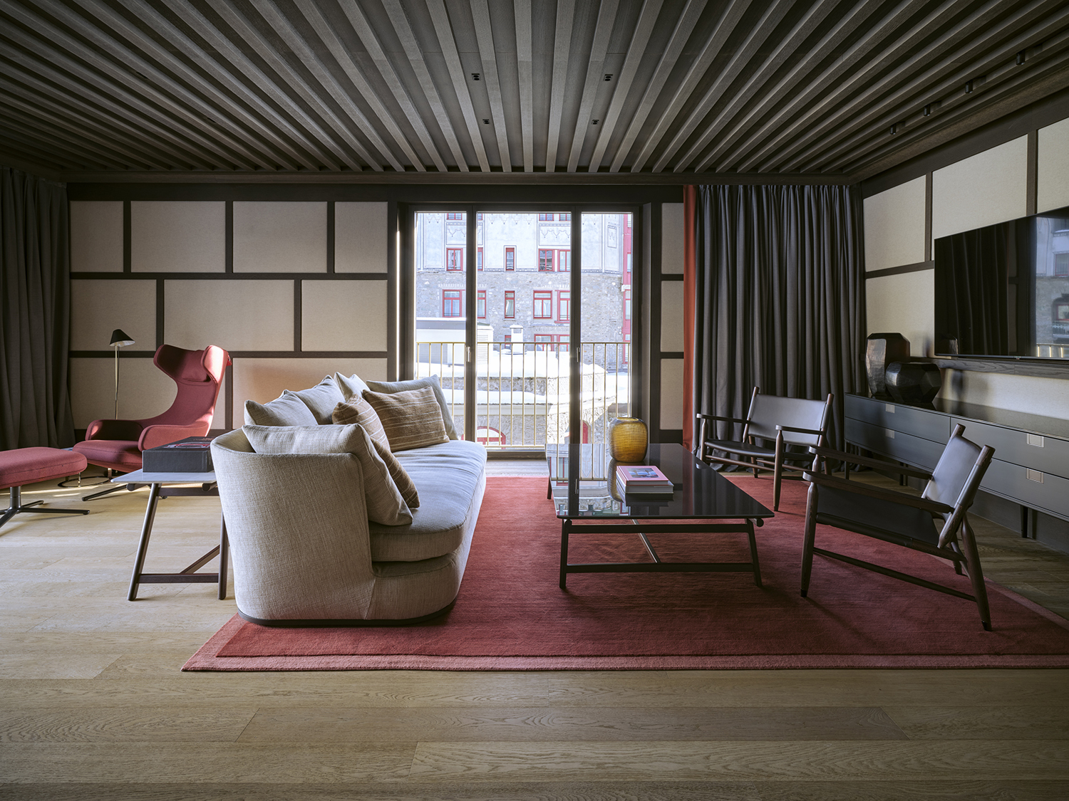 Suites inside the new Serlas Wing at Badrutt's Palace Hotel in St. Moritz are decorated with furnishings by B&B Italia and Flexform.