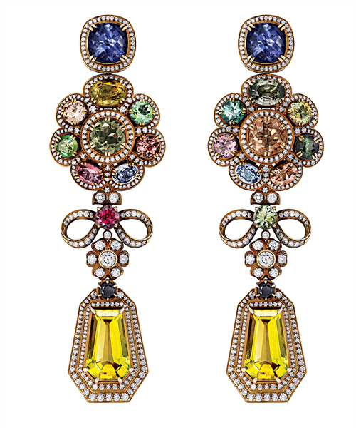 Earrings with tourmalines, apatites, iolites, spinels, and brilliant-cut diamonds in 18K gold.