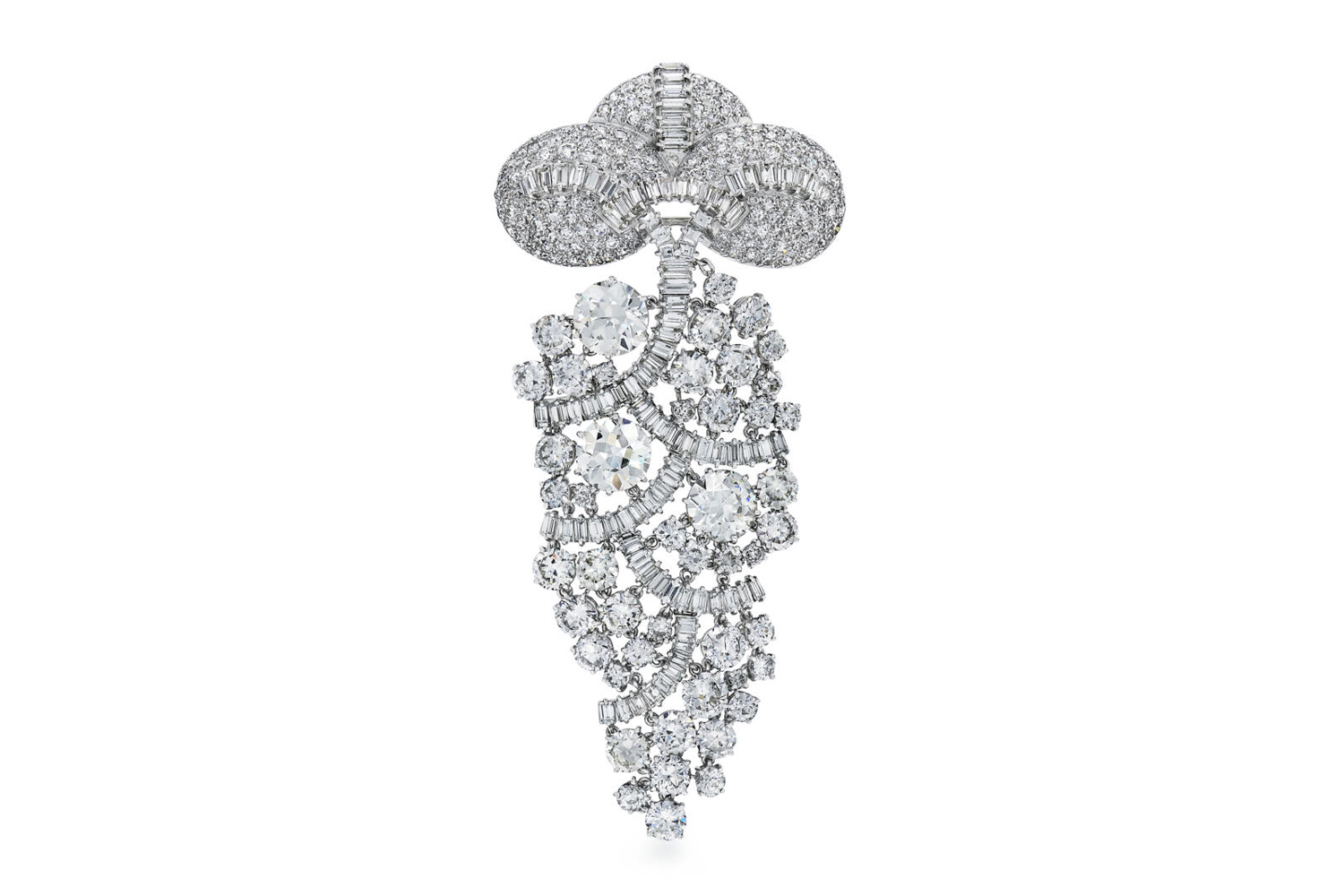 Fred Leighton important 1950's diamond and platinum brooch, with over 45.0 carats of round and baguette cut diamonds.