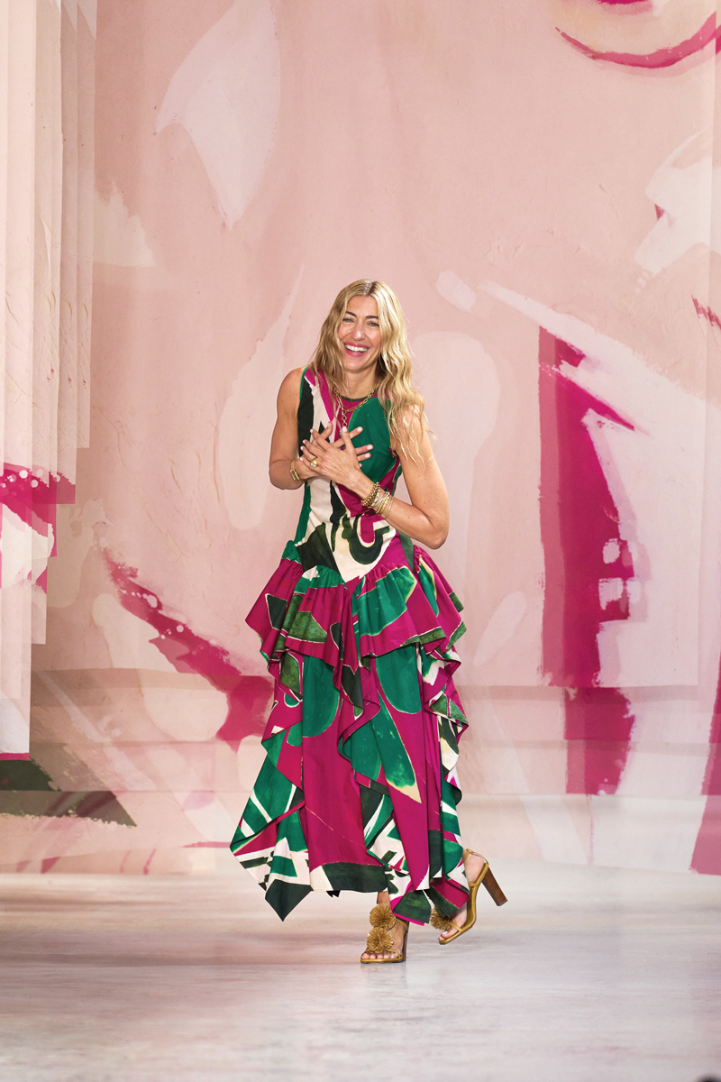 Ulla Johnson wearing the Mural dress, featuring a pattern inspired by Lee Krasner's 1971 artwork Palingenesis, during the spring/summer 2025 runway show.