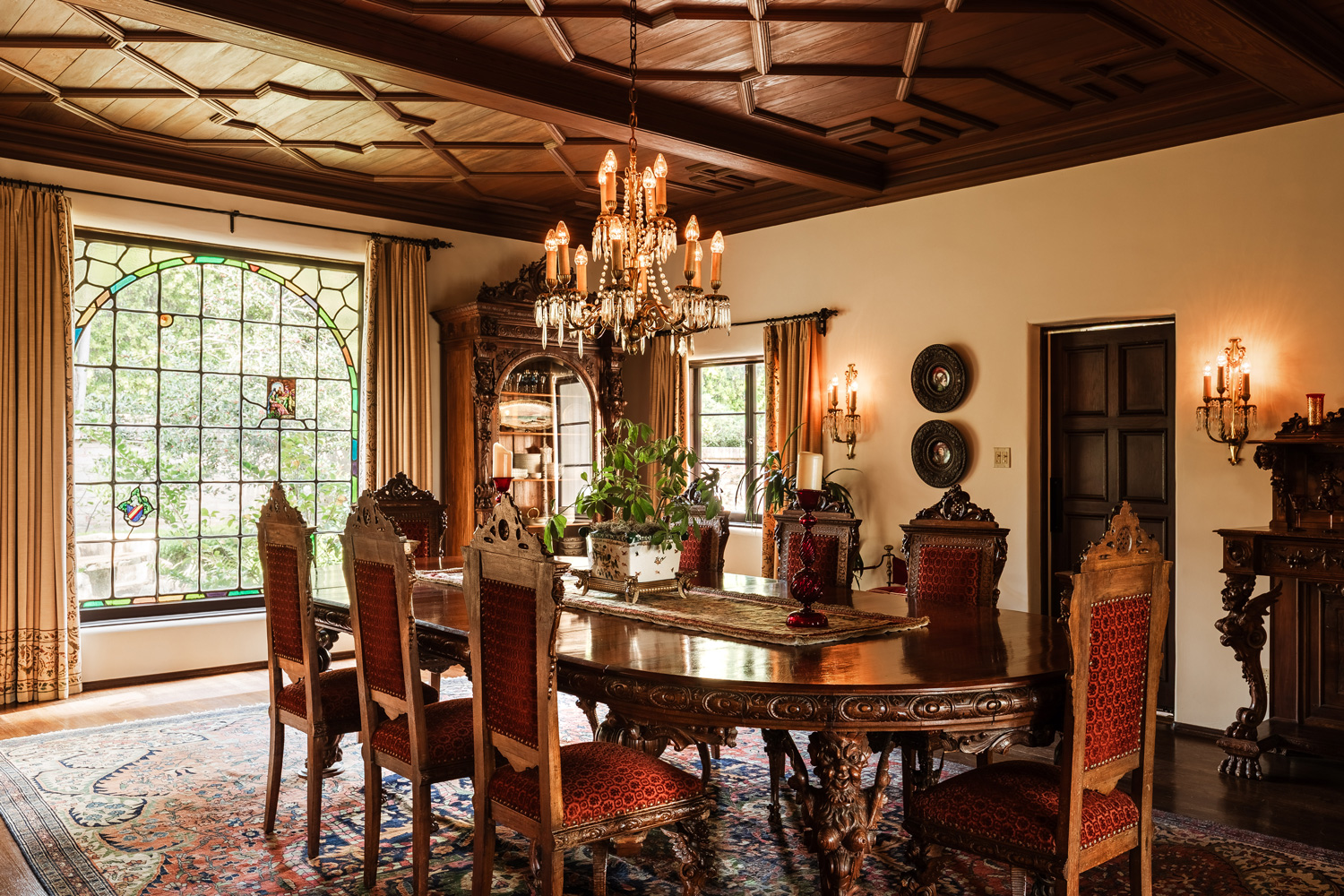 The dining room features stained glass details.