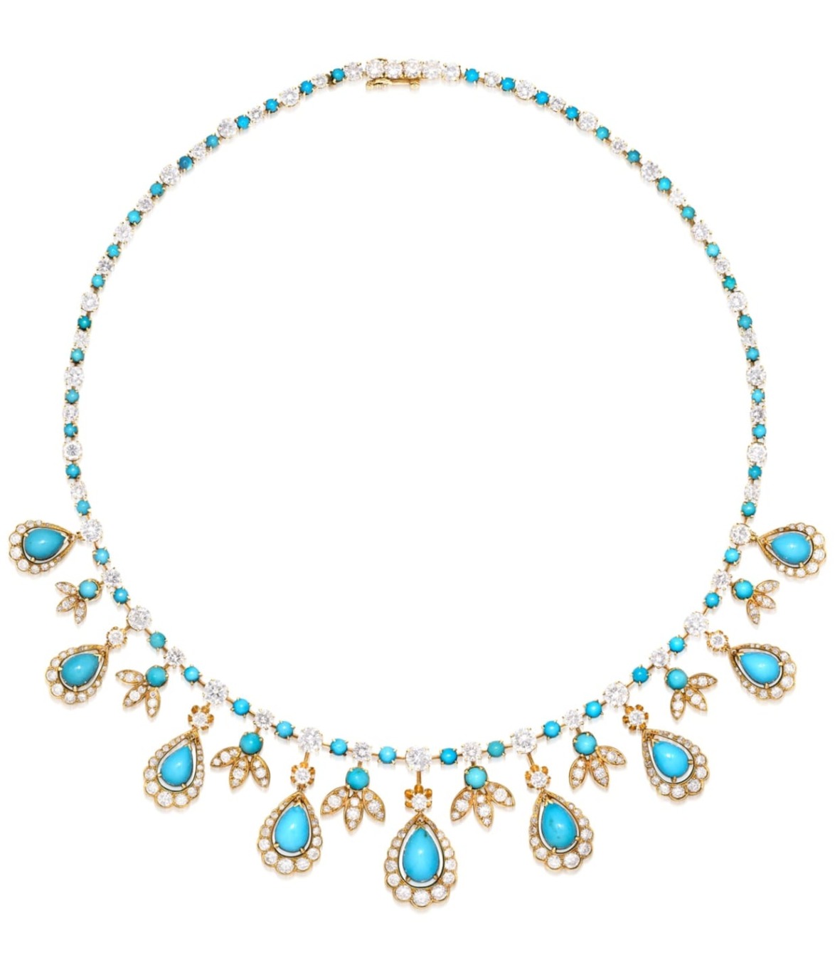 Gold necklace with turquoise and crystal teardrop pendants, featuring floral accents, displayed on a white background.