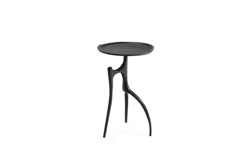 Minimalist black round side table with three curved legs and a sleek, modern design on a white background.