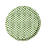 Two stacked dinner plates with a green and white houndstooth pattern on a plain white background.