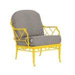 Yellow metal armchair with striped cushions.