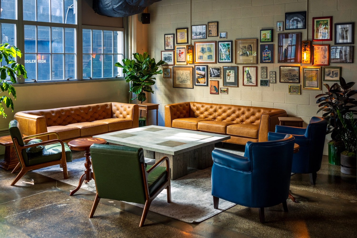 The lounge area at Confidant, a new restaurant in Industry City, Brooklyn.