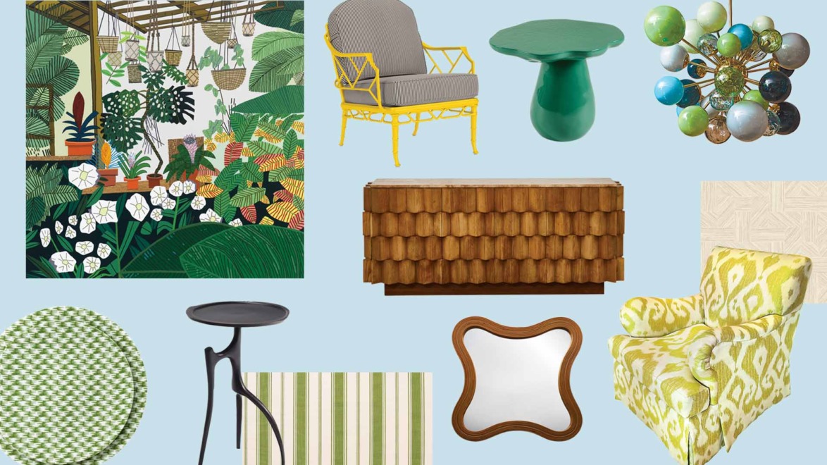 Collage of eclectic furniture and decor items including chairs, tables, a sideboard, and a botanical wall art piece.