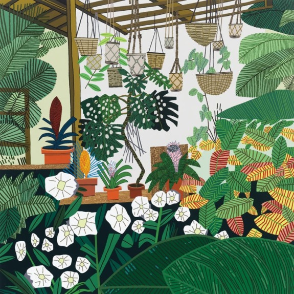 Colorful indoor garden with various potted plants, hanging baskets, and bright green foliage creating a lush atmosphere.