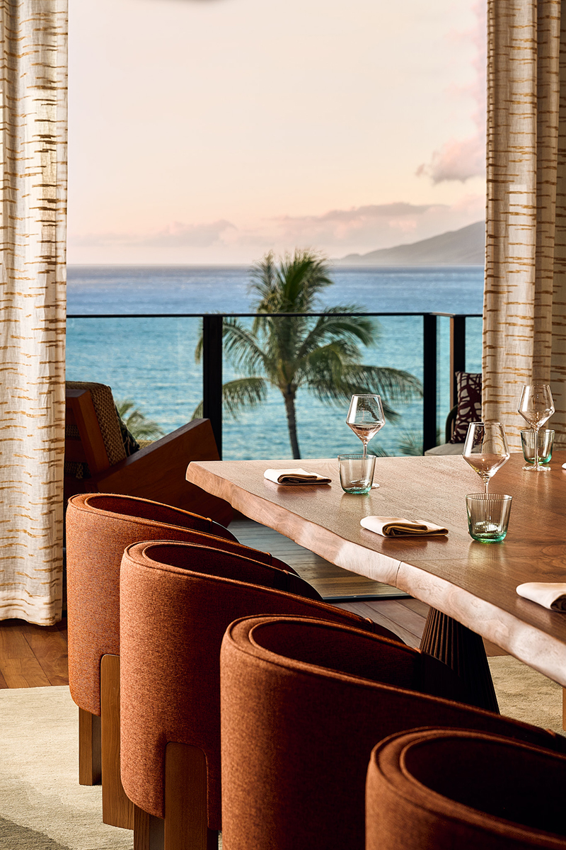 Dining room inside the renovated Maile Presidential Suite, designed by Meyer Davis, at the Four Seasons Resort Maui at Wailea.