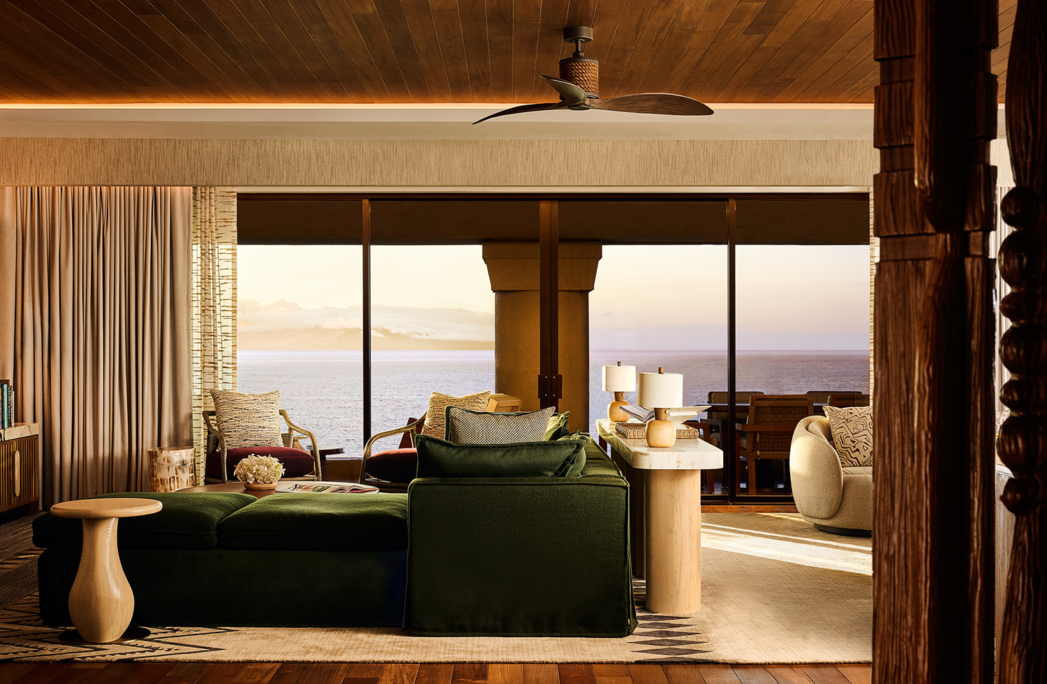 Living area of the renovated Maile Presidential Suite, designed by Meyer Davis, at the Four Seasons Resort Maui at Wailea.