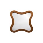 Curved wooden frame mirror with a smooth reflective surface on a white background.