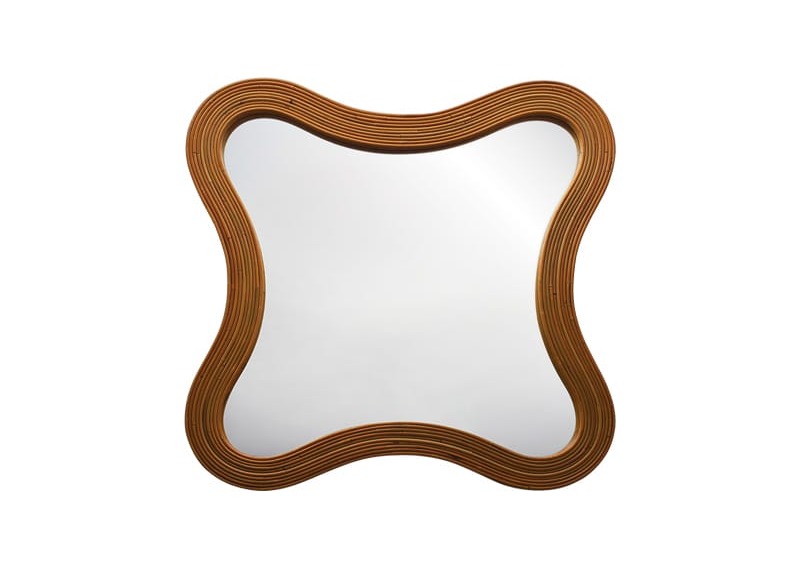 Curved wooden frame mirror with a smooth reflective surface on a white background.