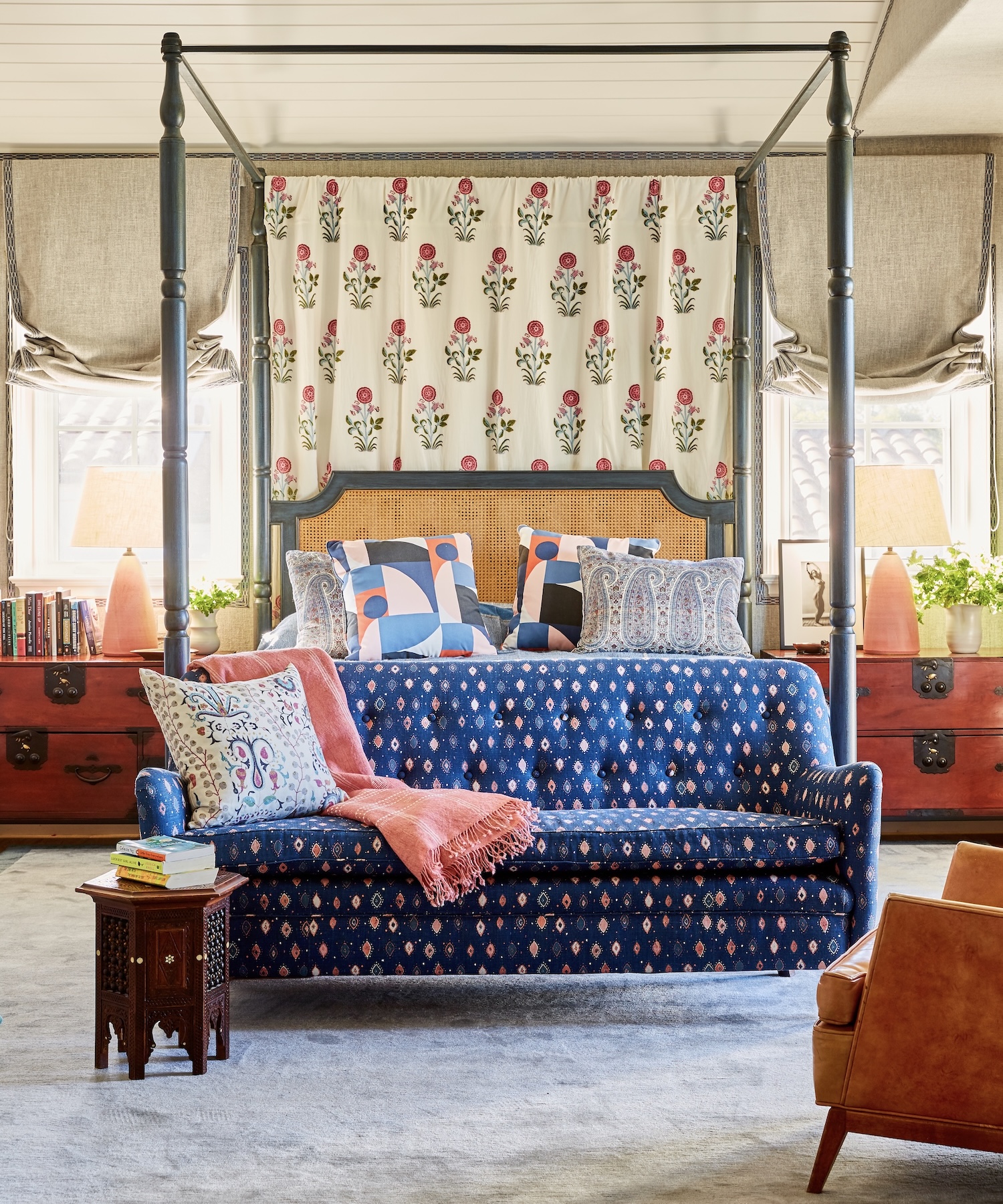 Five different patterns inside a bedroom in Brentwood.