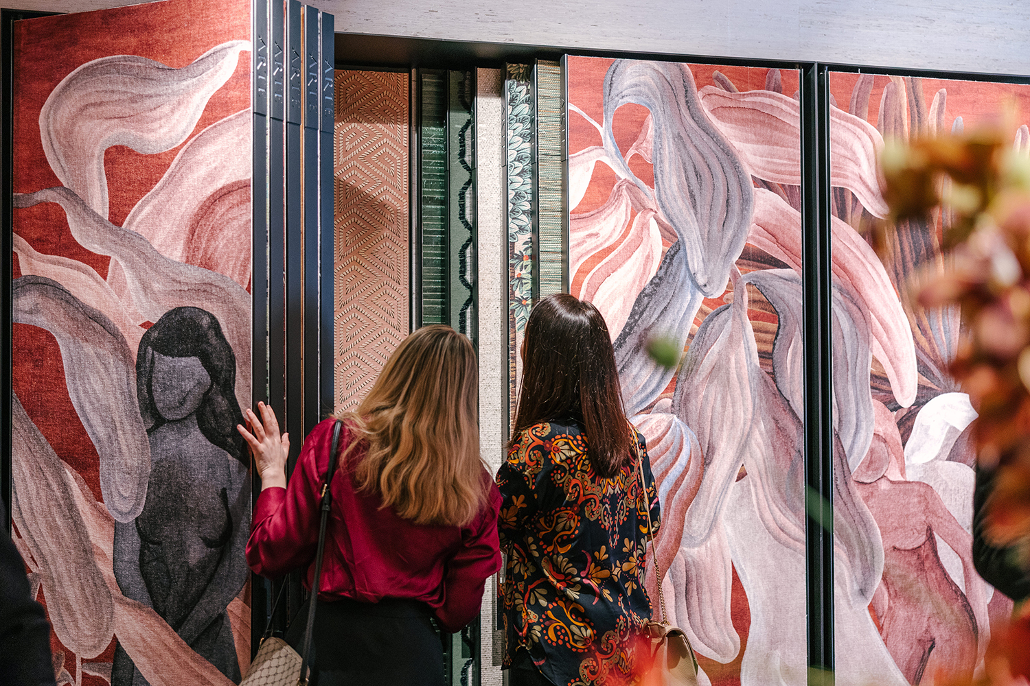 Guests peruse Arte's selection of hand-made, printed non-woven, vinyl, three-dimensional wall coverings, murals, and panoramics inside the brand's new flagship in New York.