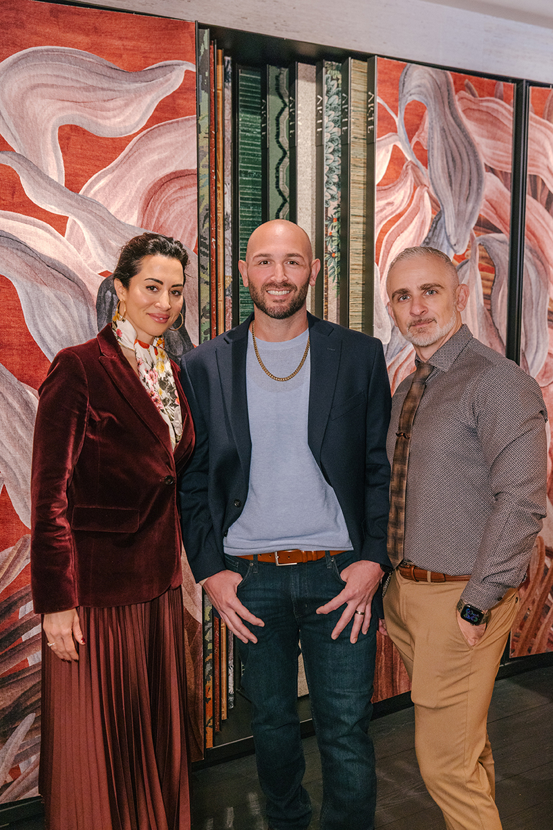 Adriana DeMartino, TK, and Francis Toumbakaris of Francis Interiors at the opening of Arte's flagship in New York.